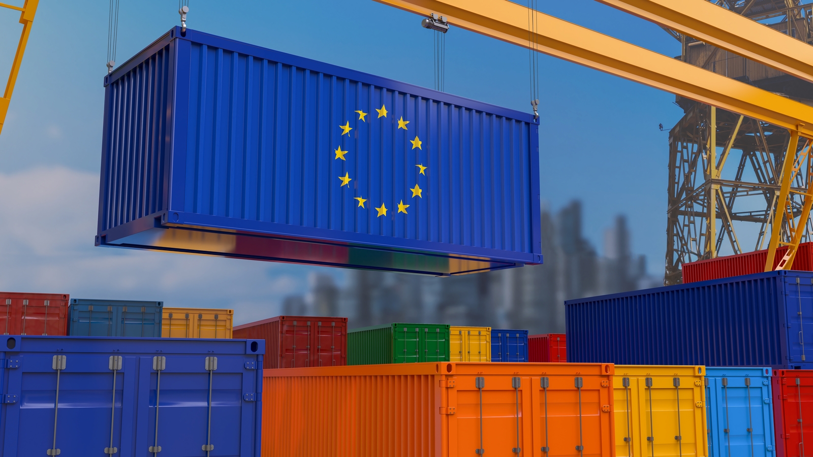 3d,Rendering,Of,A,Shipping,Container,With,The,Flag,Of UE Settore